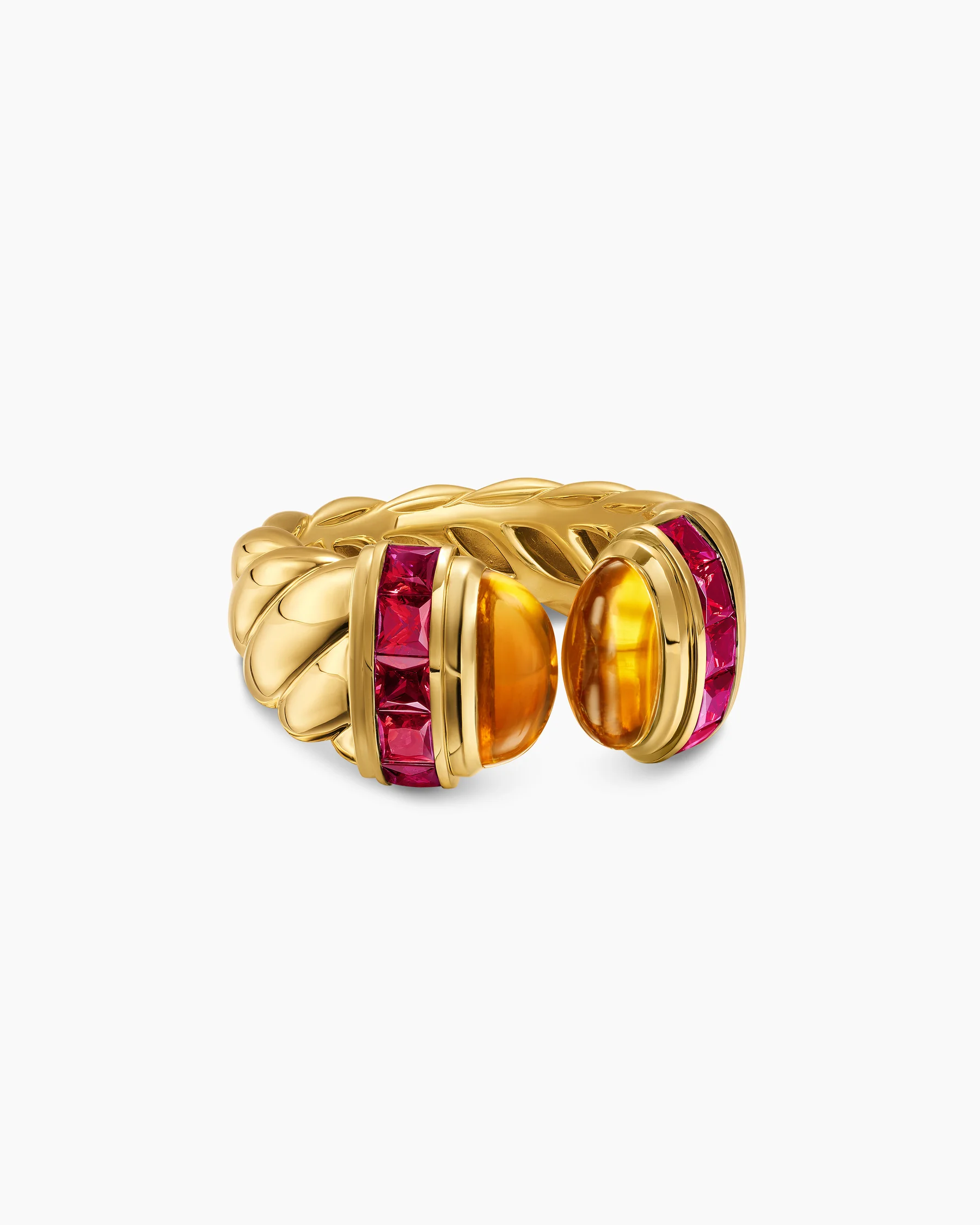 Sculpted Cable Open Cocktail Ring in 18K Yellow Gold with Turquoise and Tsavorites, 12.4mm