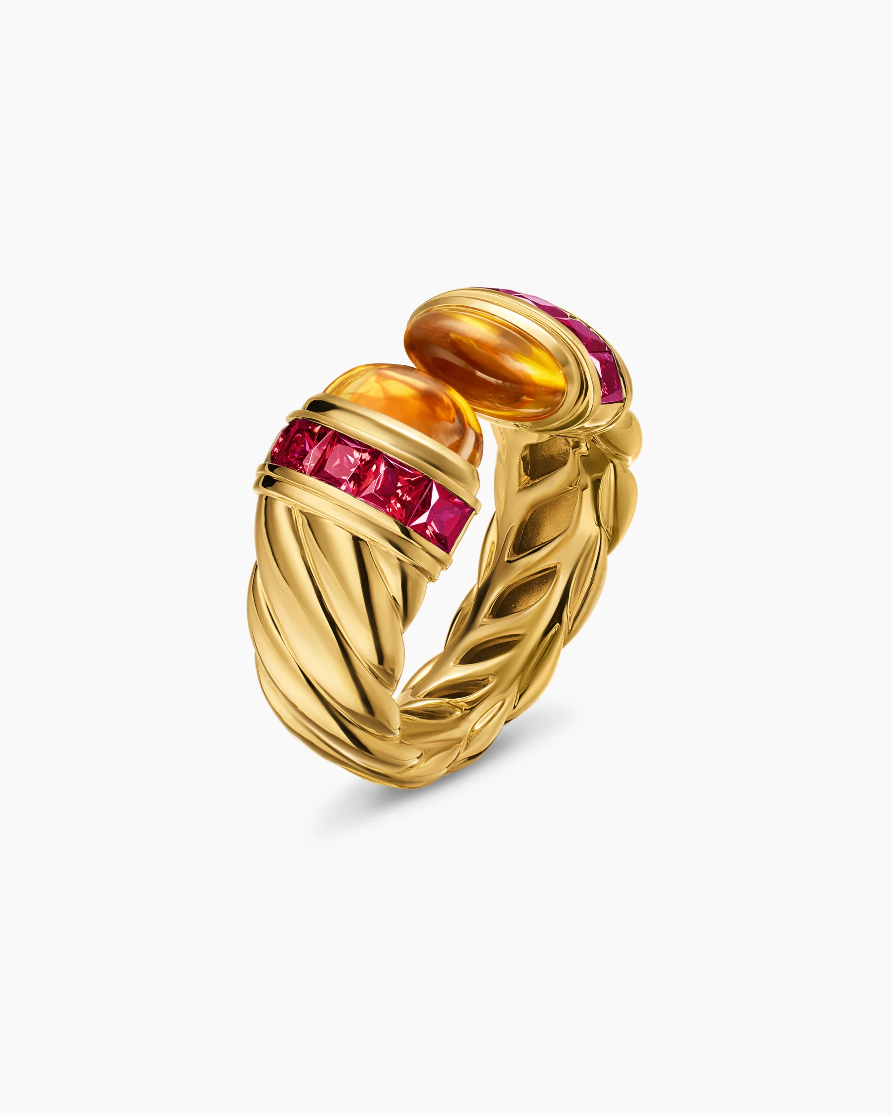 Sculpted Cable Open Cocktail Ring in 18K Yellow Gold with Turquoise and Tsavorites, 12.4mm