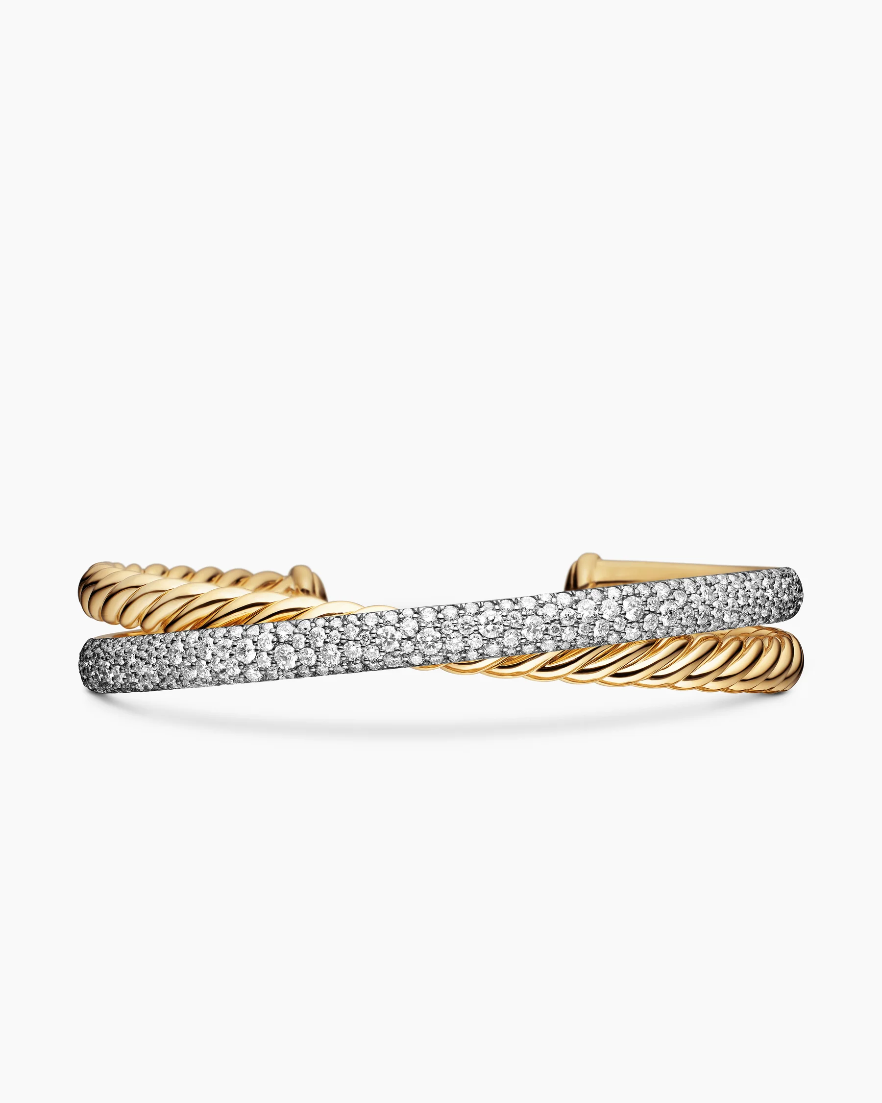 Pavé Crossover Two Row Cuff Bracelet in 18K Yellow Gold with Diamonds, 10.7mm