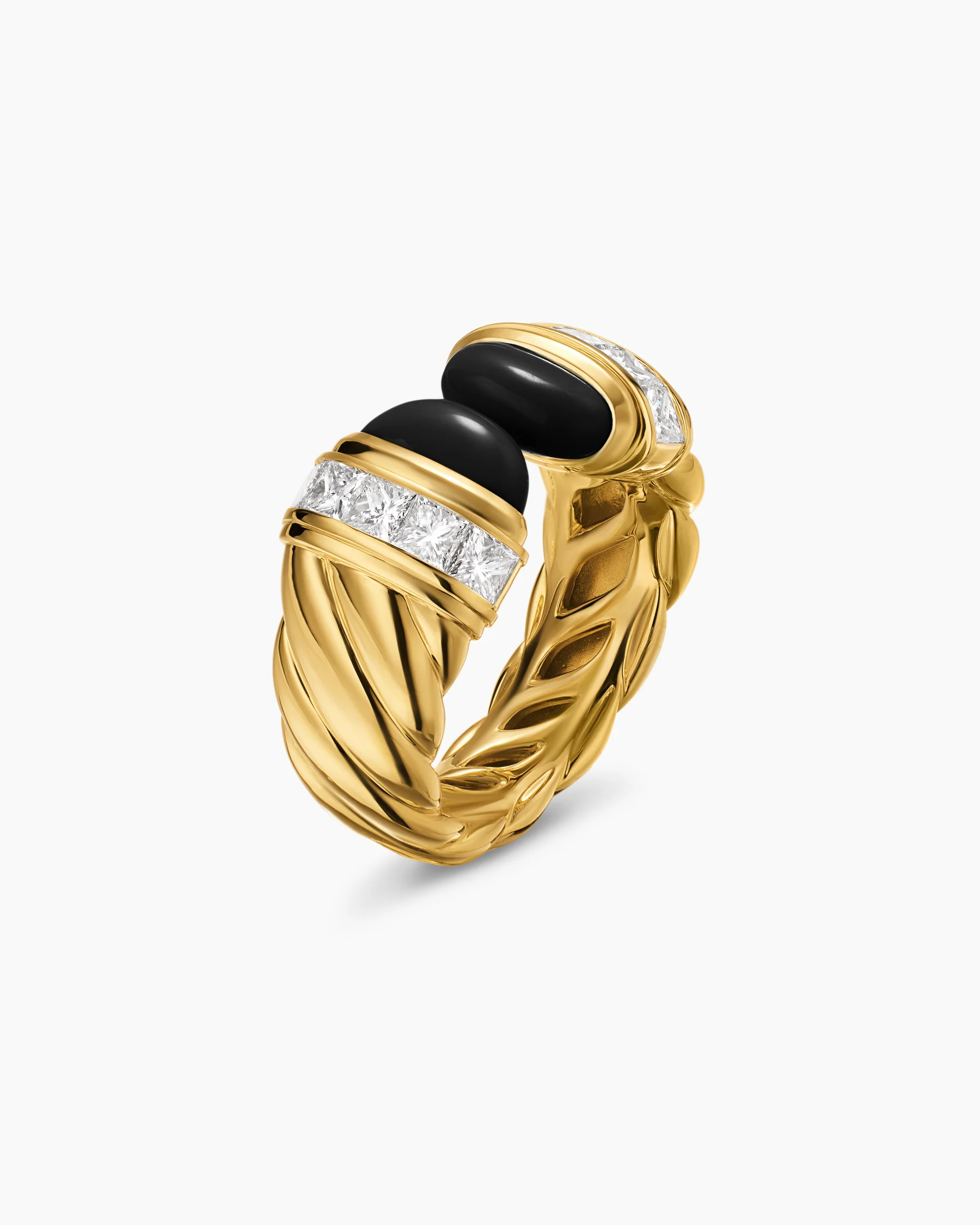 Sculpted Cable Open Cocktail Ring in 18K Yellow Gold with Black Onyx and Diamonds, 12.4mm