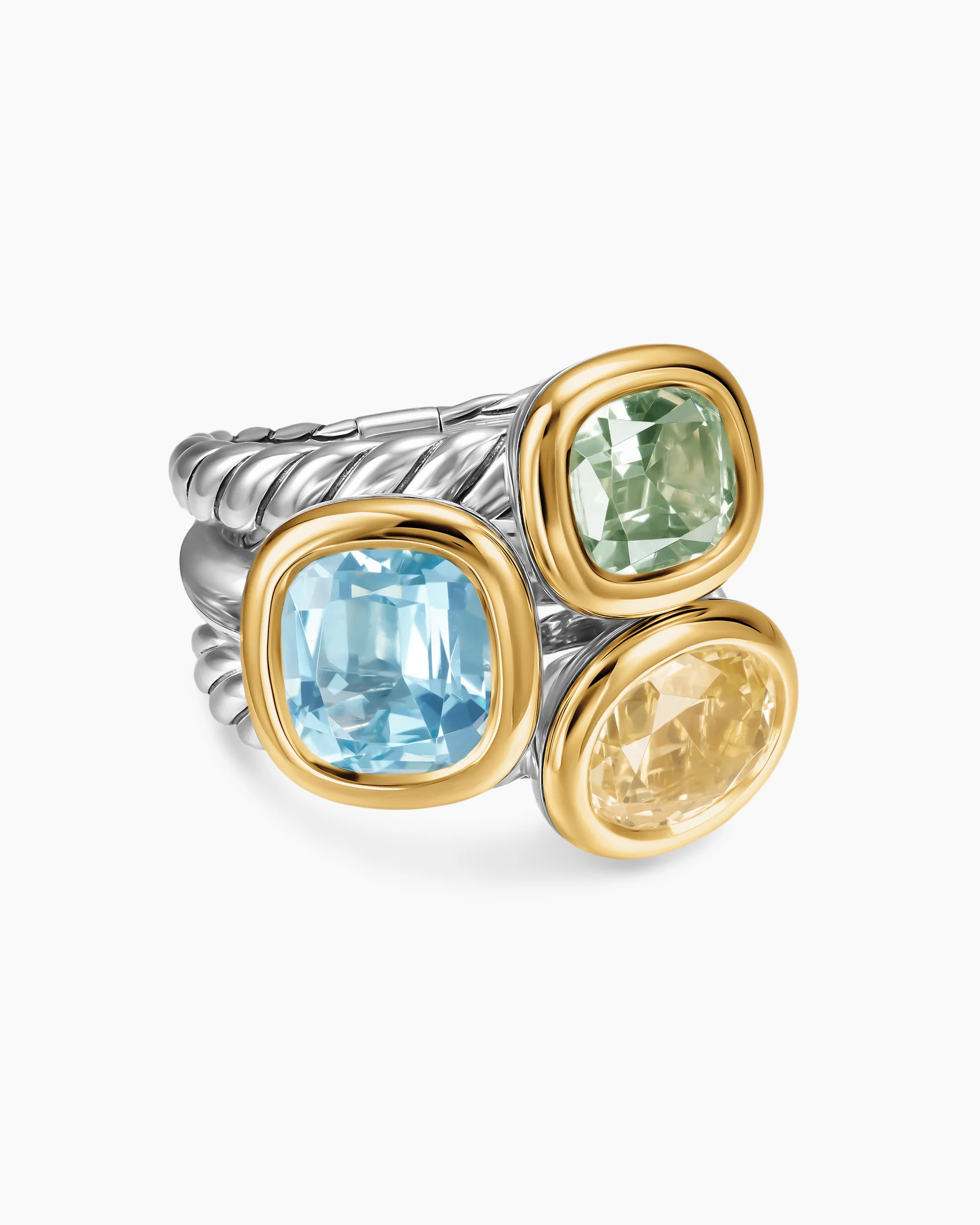 DY Mercer® Color Three Stone Ring in Sterling Silver with 14K Yellow Gold, Sky Blue Topaz, Champagne Citrine and Prasiolite, 20.7mm