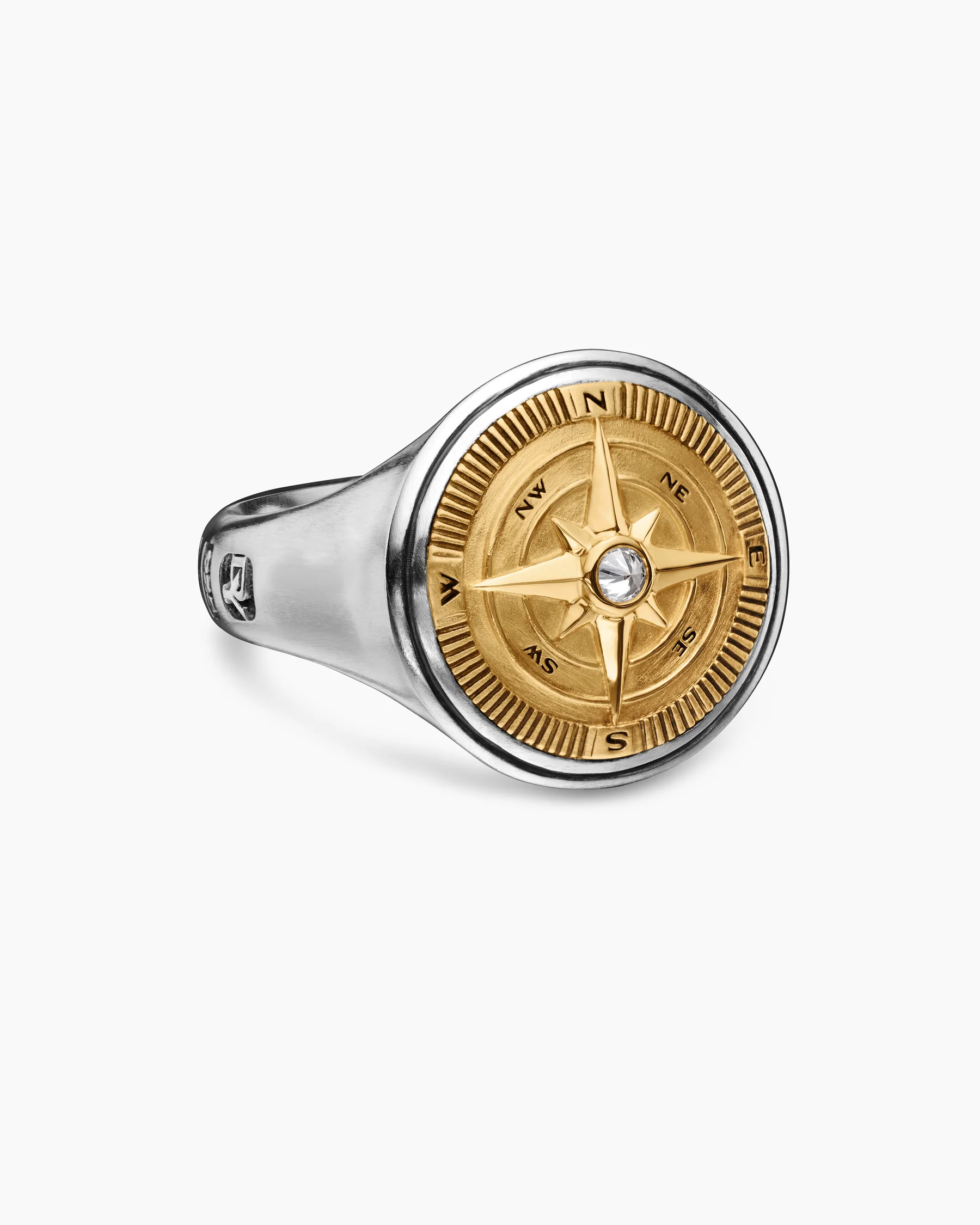 Maritime® Compass Signet Ring in Sterling Silver with Center Black Diamond, 19.4mm