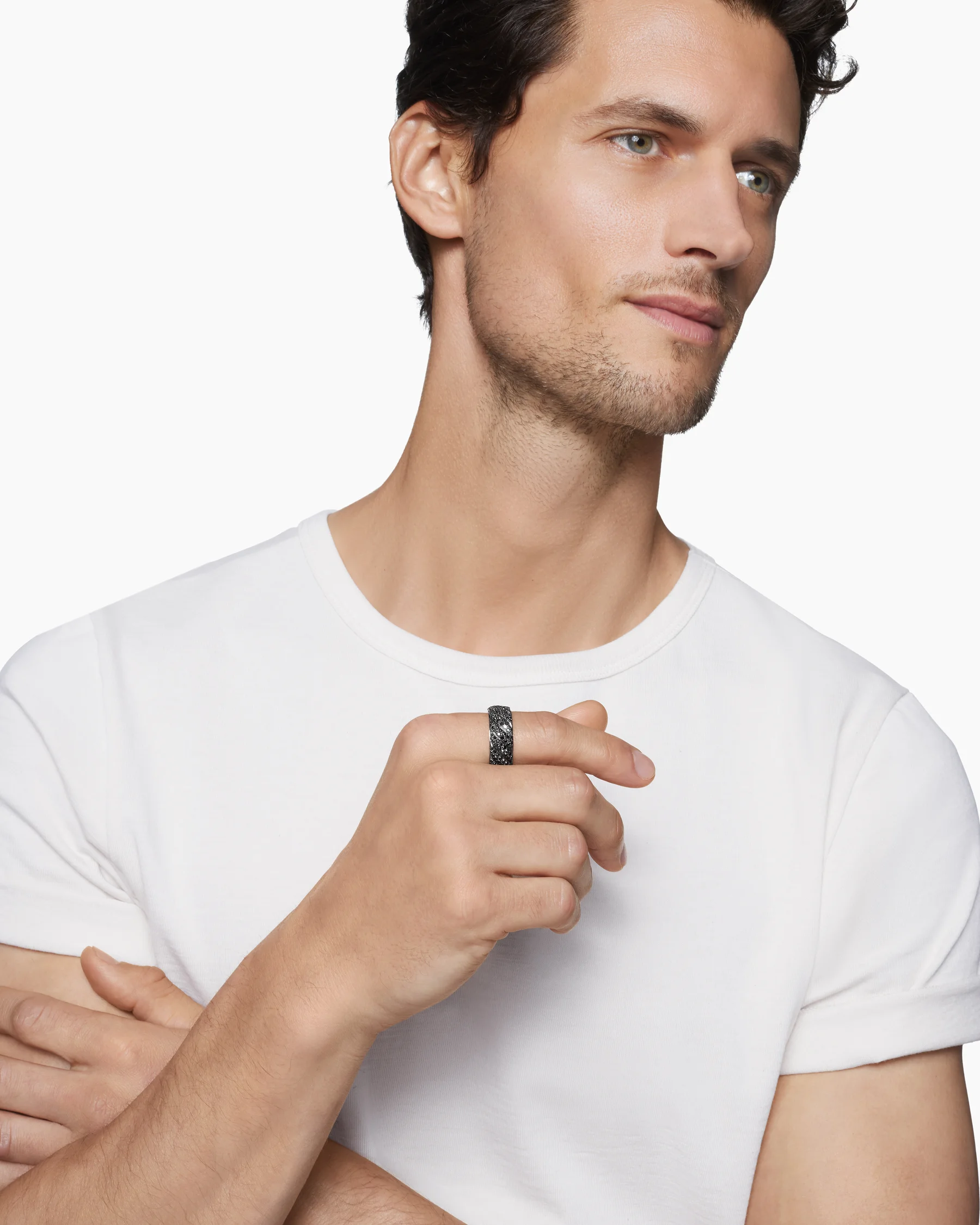 Sculpted Cable Pavé Band Ring in 18K White Gold with Black Diamonds, 8.5mm 2 Sculpted Cable Pavé Band Ring in 18K White Gold with Black Diamonds, 8.5mm