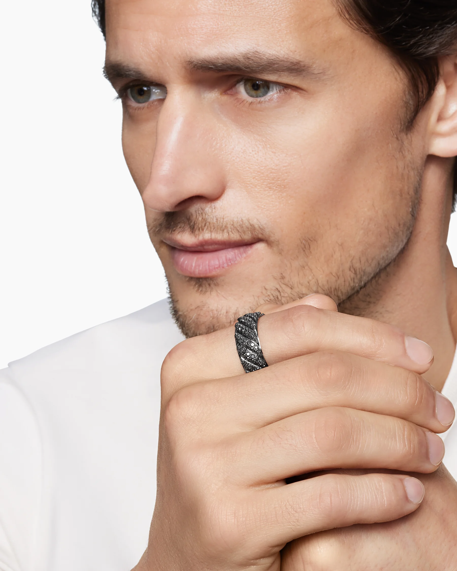 Sculpted Cable Pavé Band Ring in 18K White Gold with Black Diamonds, 8.5mm 7 Sculpted Cable Pavé Band Ring in 18K White Gold with Black Diamonds, 8.5mm
