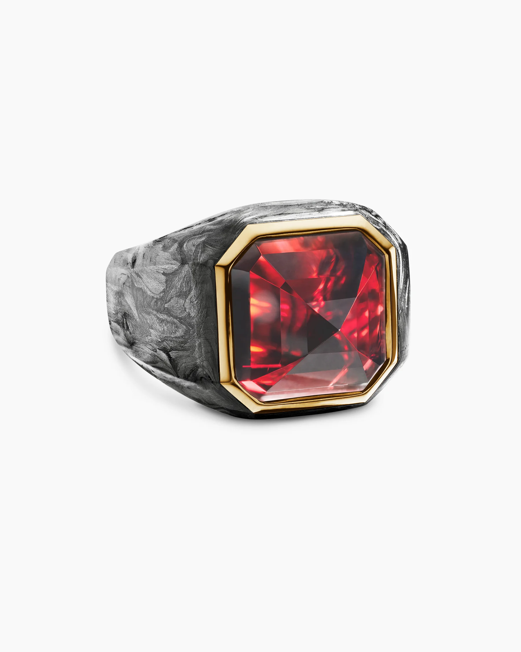 Hexagonal Signet Ring in 18K Yellow Gold with Forged Carbon and Garnet, 17.7mm 28 Hexagonal Signet Ring in 18K Yellow Gold with Forged Carbon and Garnet, 17.7mm