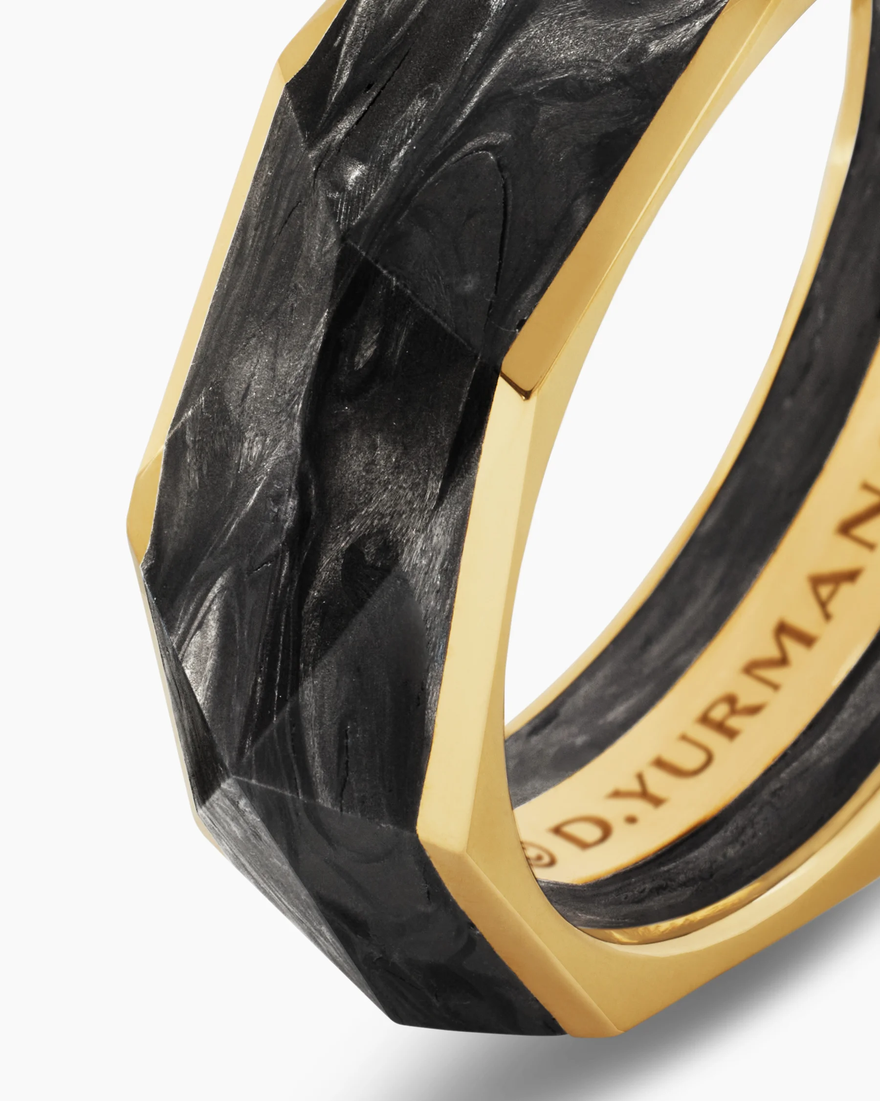 Torqued Faceted Band Ring in Forged Carbon with 18K Yellow Gold, 8mm 6 Torqued Faceted Band Ring in Forged Carbon with 18K Yellow Gold, 8mm