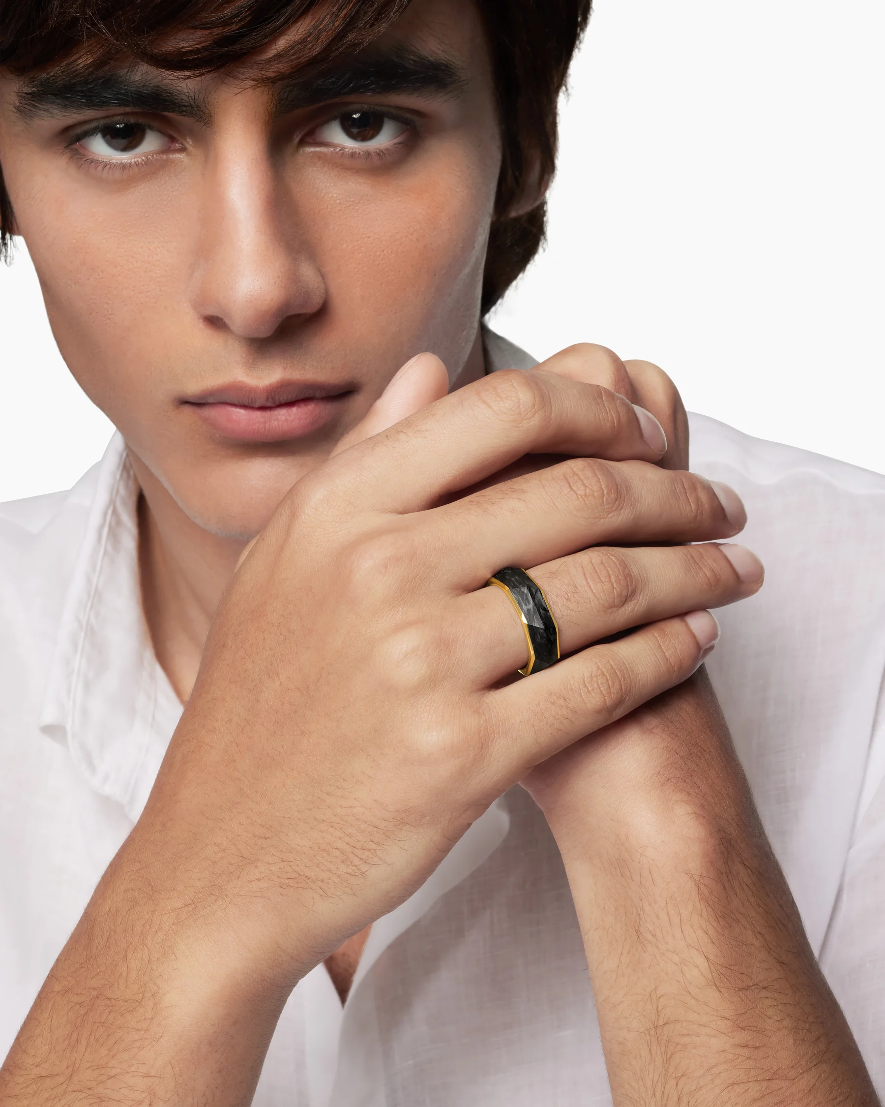 Torqued Faceted Band Ring in Forged Carbon with 18K Yellow Gold, 8mm 7 Torqued Faceted Band Ring in Forged Carbon with 18K Yellow Gold, 8mm