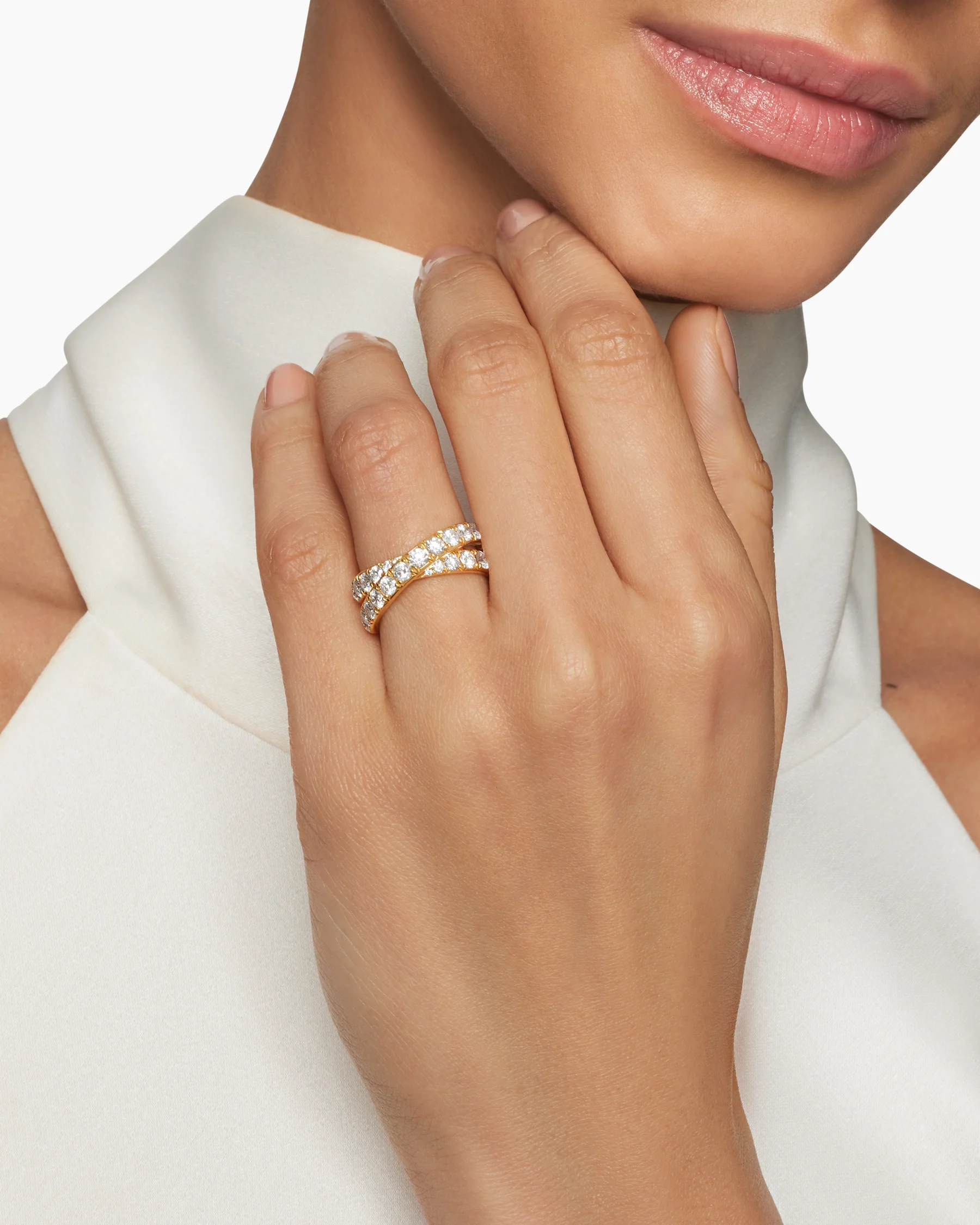 DY Crossover® Band Ring in 18K Yellow Gold with Diamonds, 8mm 8 DY Crossover® Band Ring in 18K Yellow Gold with Diamonds, 8mm